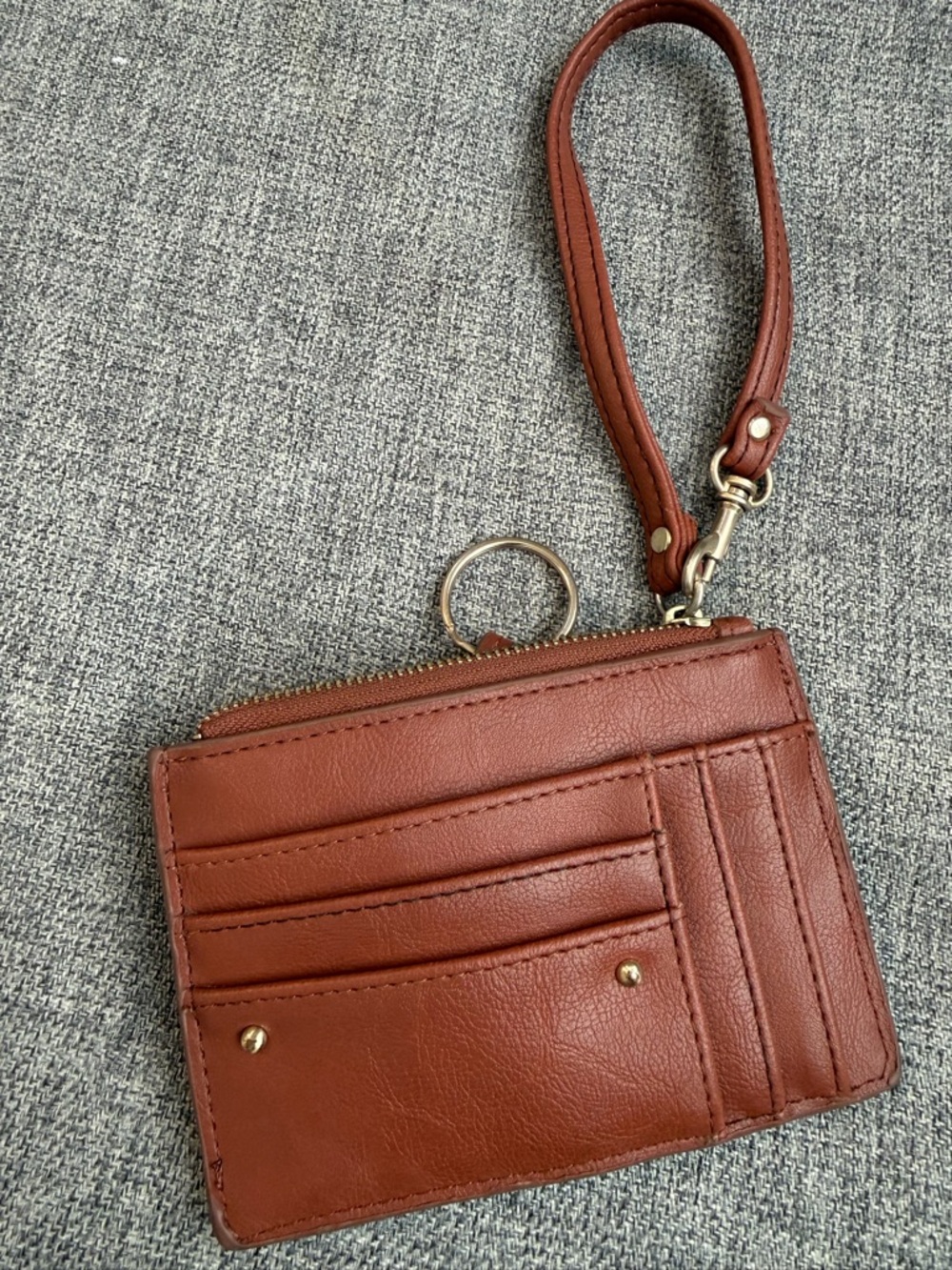 Wristlet Card Case in Brown with Strap holds cards and zipper to hold money GUC